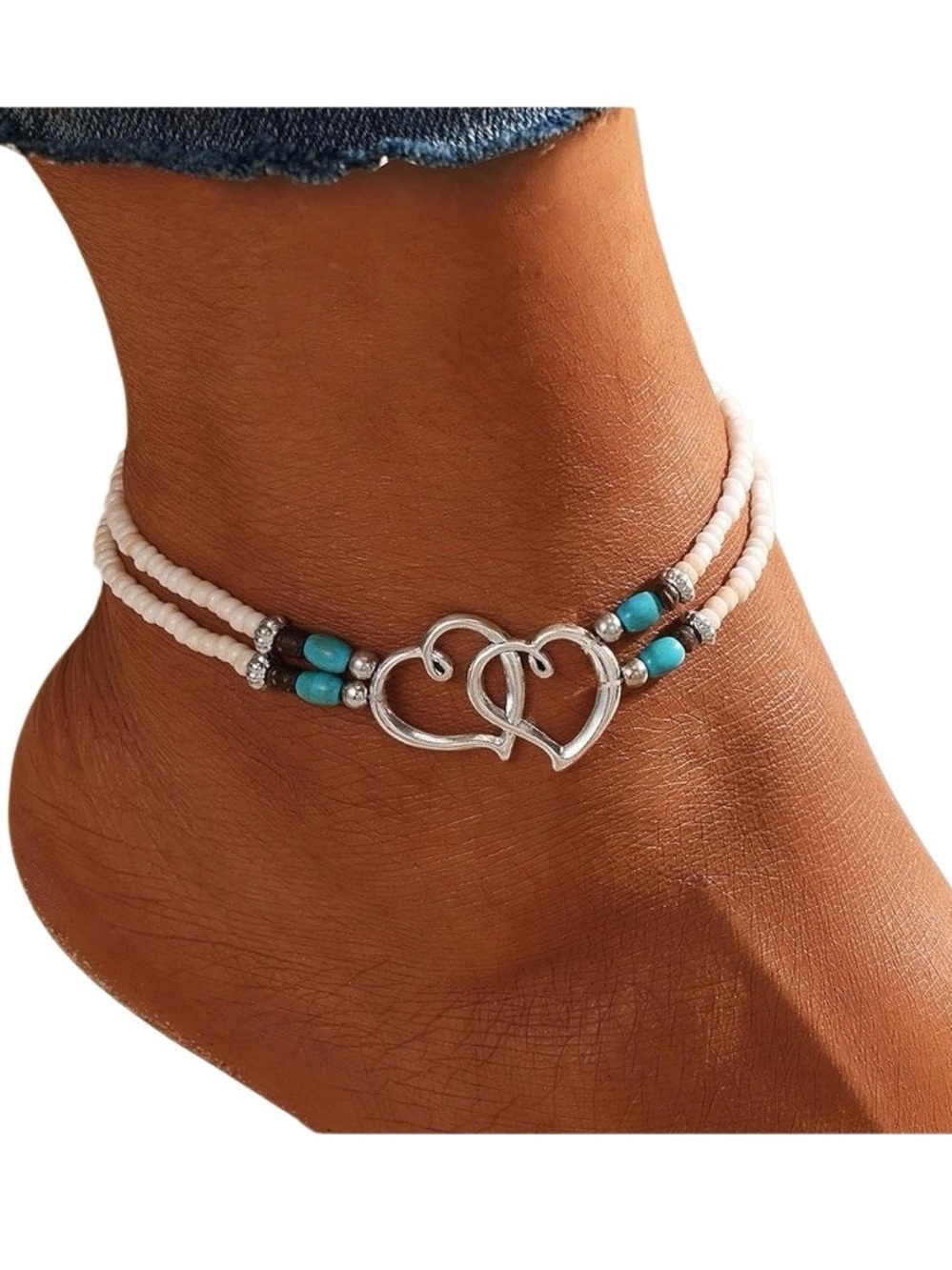Double Heart Ankle Bracelet in White/Silver tone/Turquoise Women’s One Size